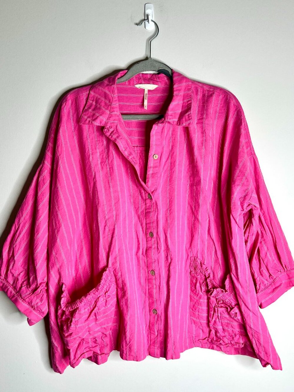 Free People Just Like Me Shirt Pink Striped Lagenlook Boho Beach Oversized M - Picture 3 of 7
